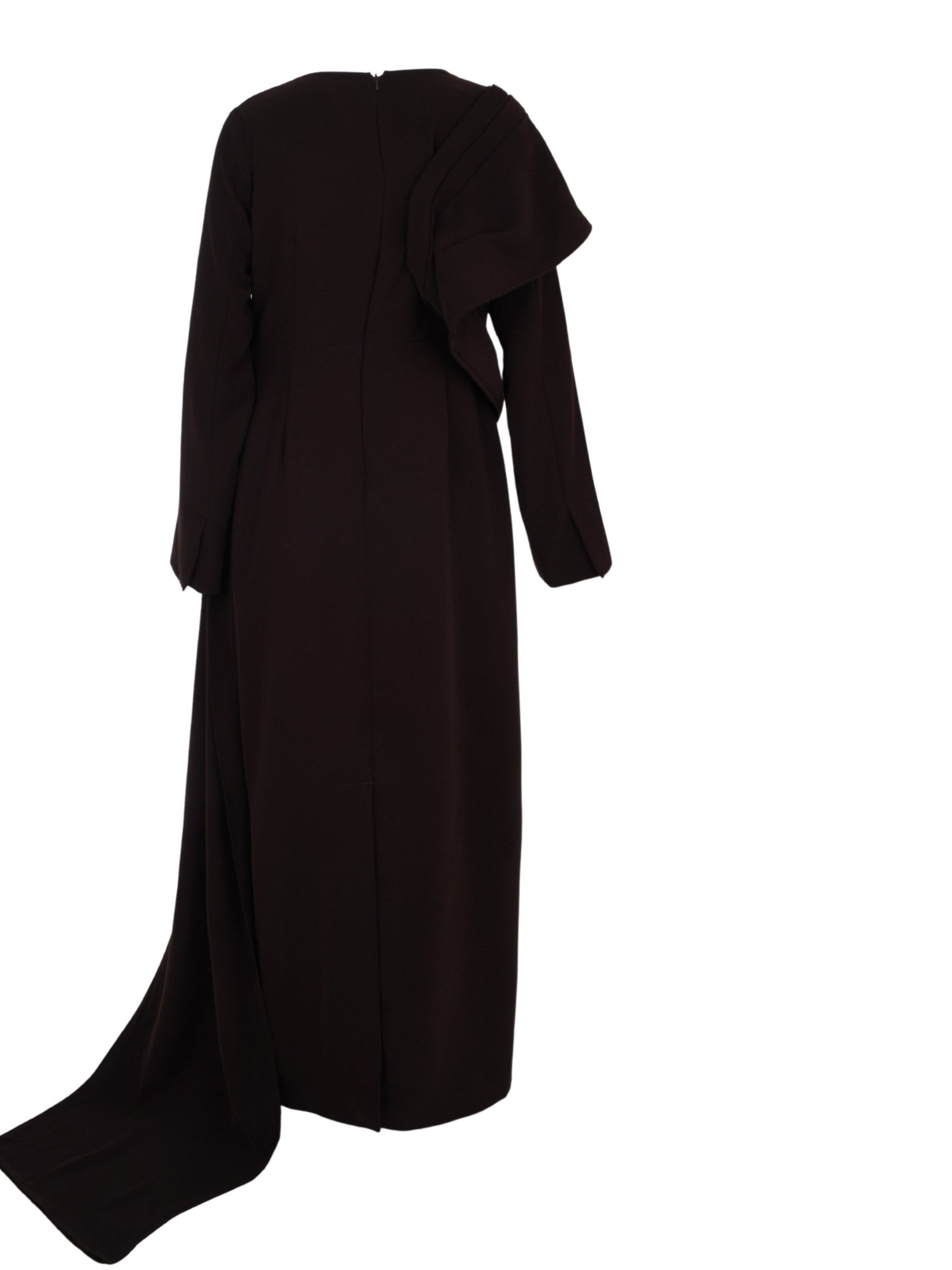 Long sleeves dress straight cut with pleated rap around shoulder