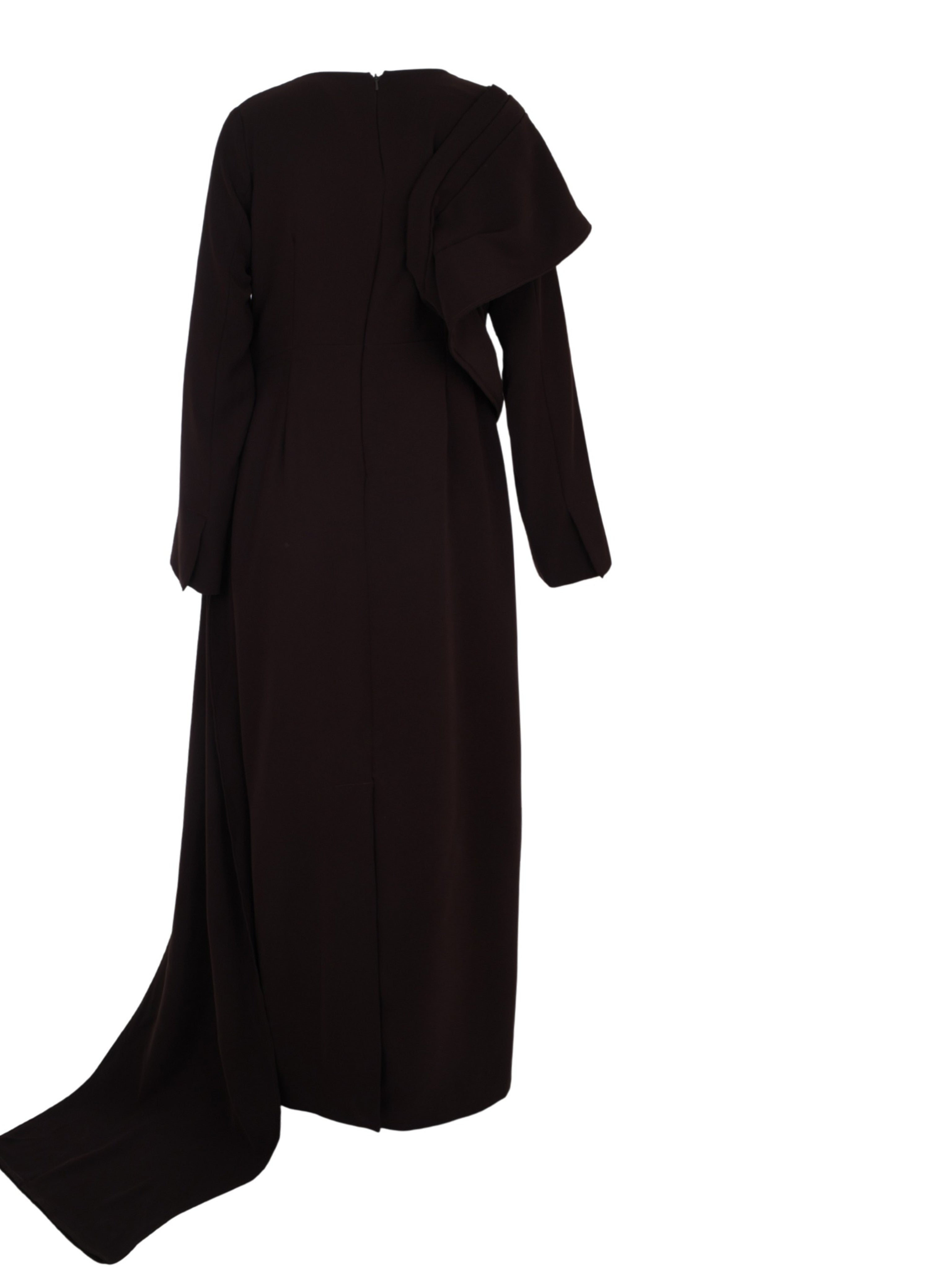 Long Sleeves Dress Straight Cut With Pleated Rap Around Shoulder