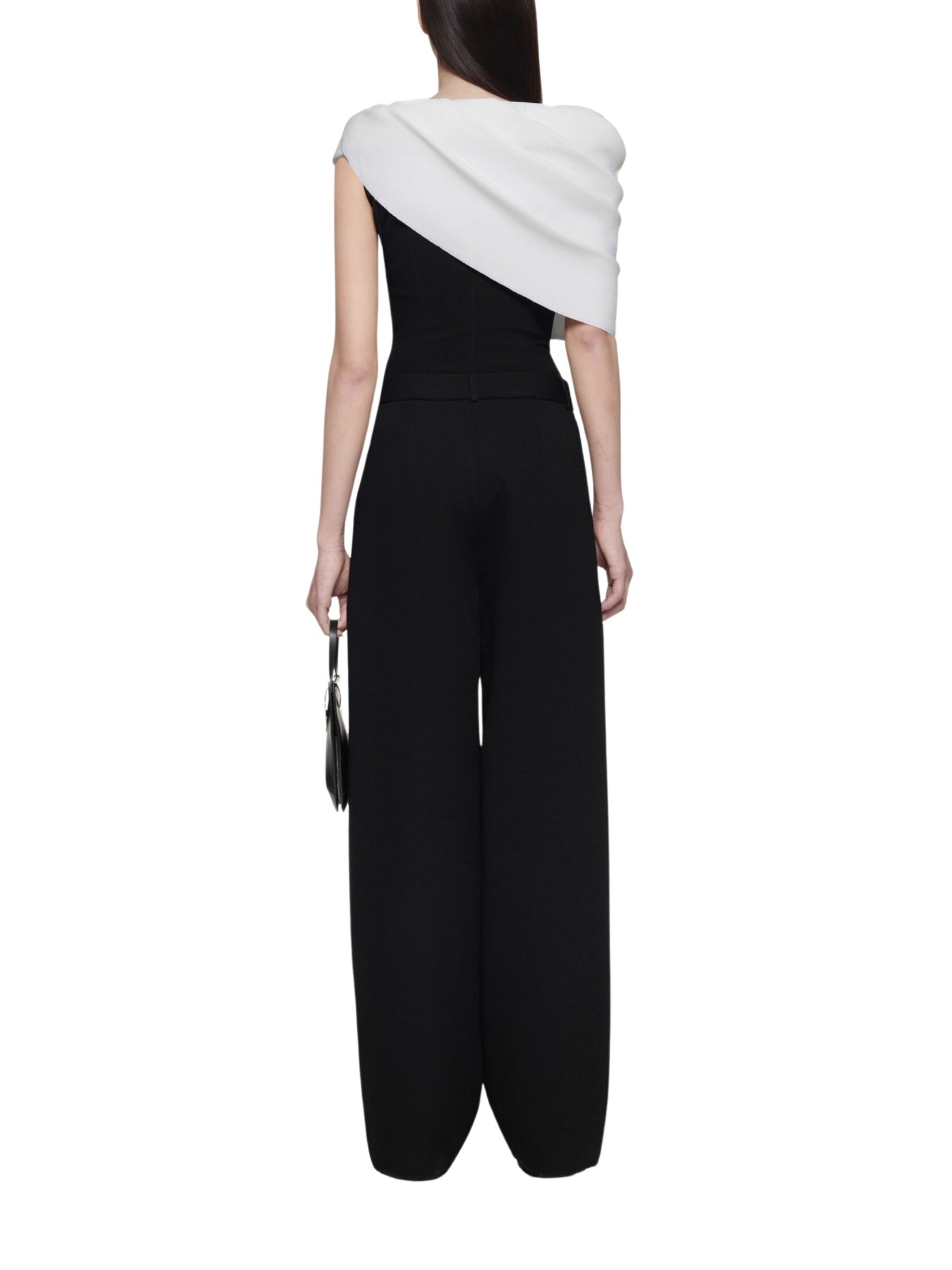 Off-shoulder bodysuit with cowl drapes and padded yoke