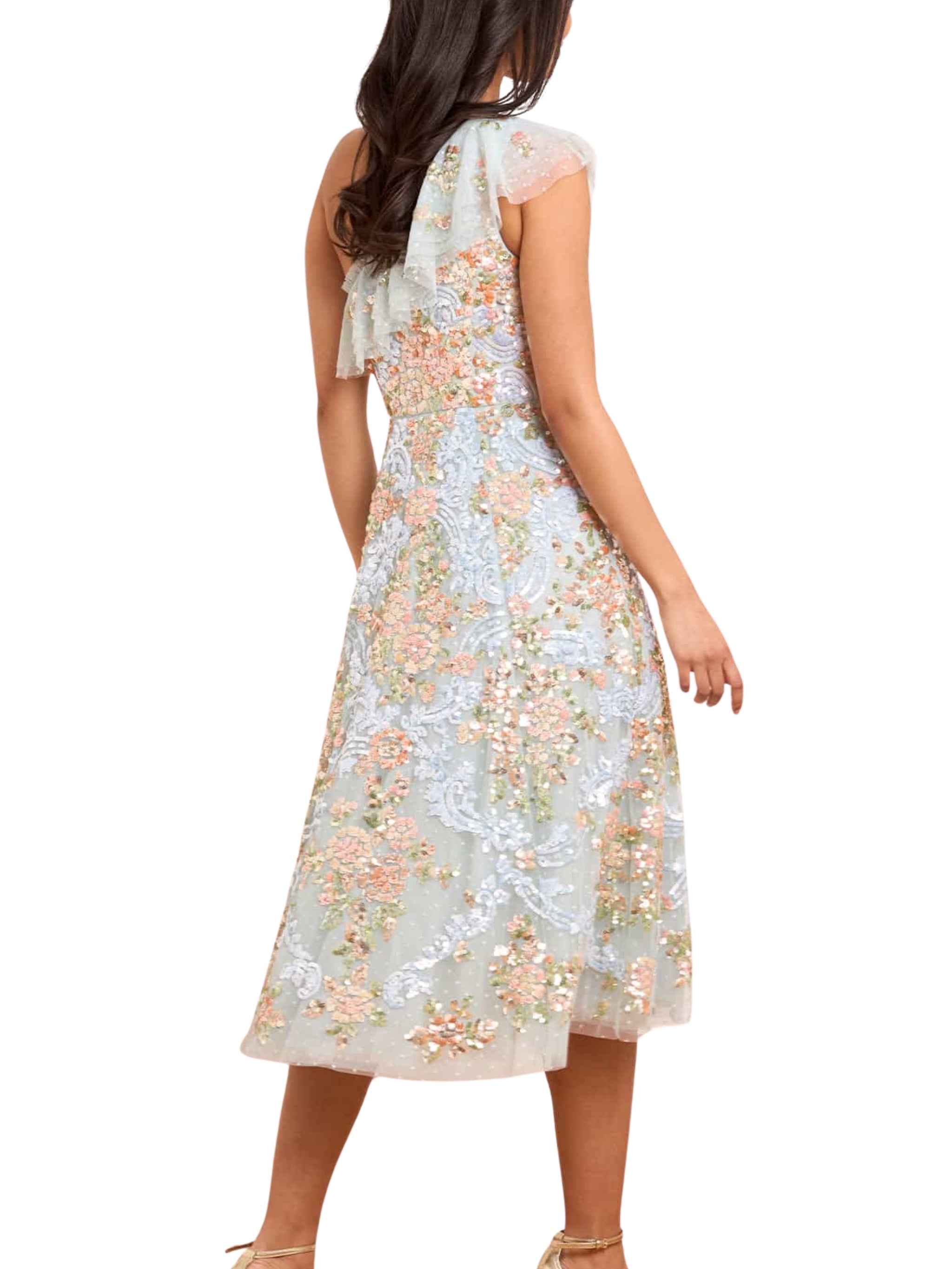 BAROQUE FLORAL ONE-SHOULDER MIDAXI DRESS