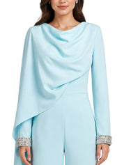 Crep blue jump suit with attached cape and embroidery on sleeve silver