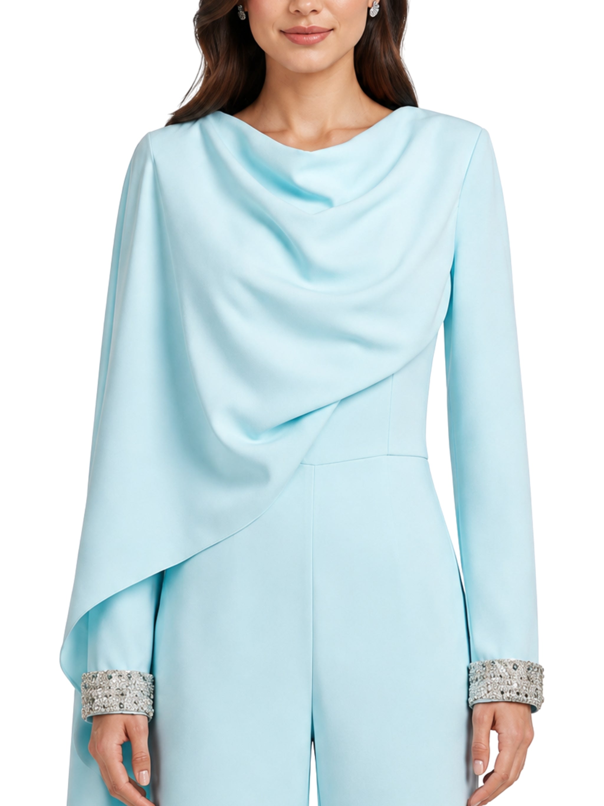 Crep blue jump suit with attached cape and embroidery on sleeve silver