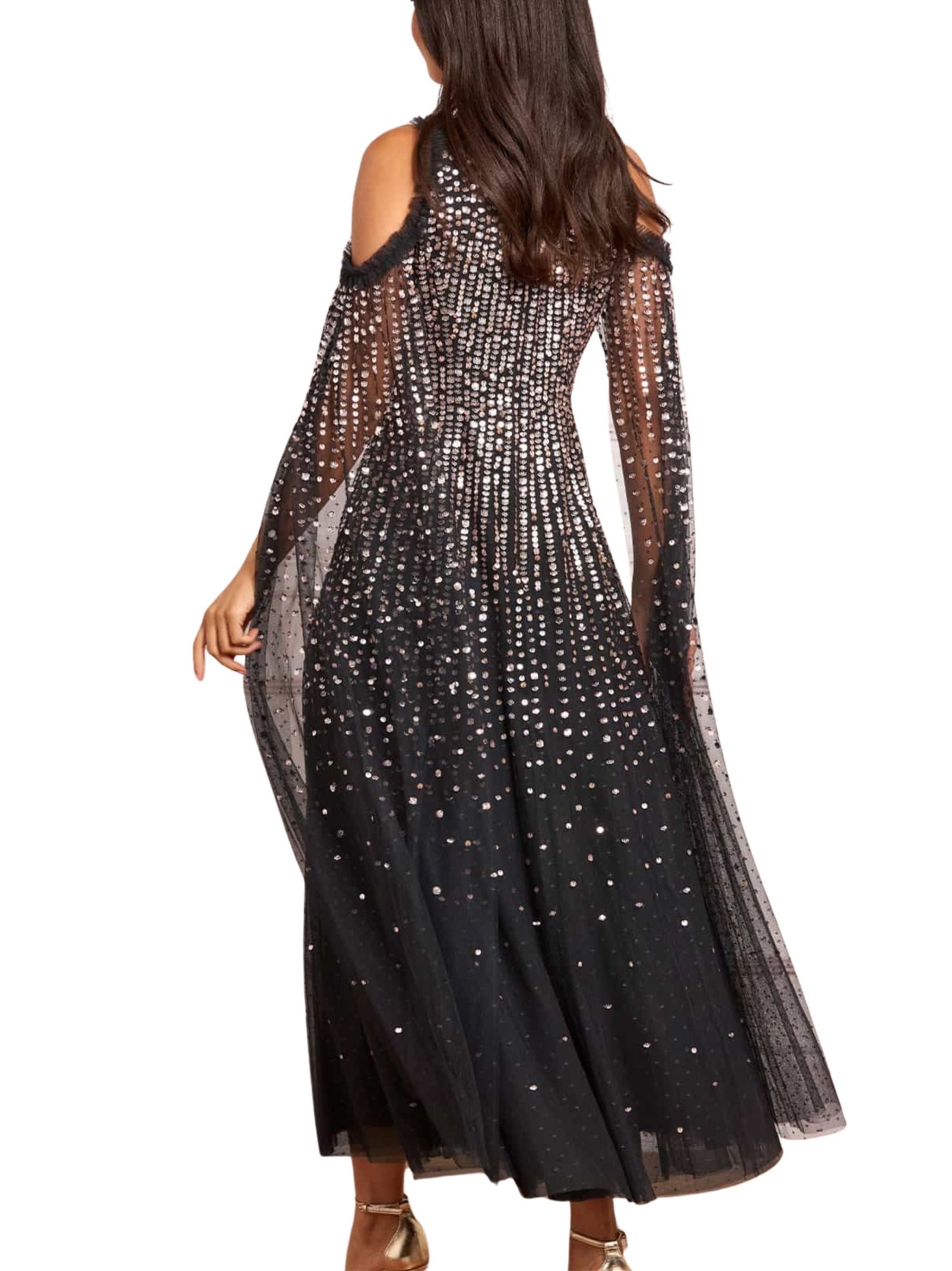 Moonlight sequin cape sleeve ankle gown