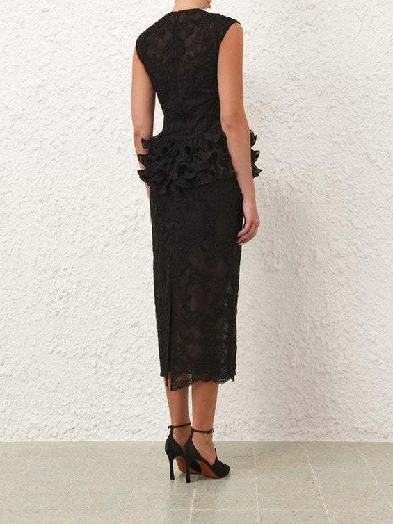 Crush lace frill midi dress