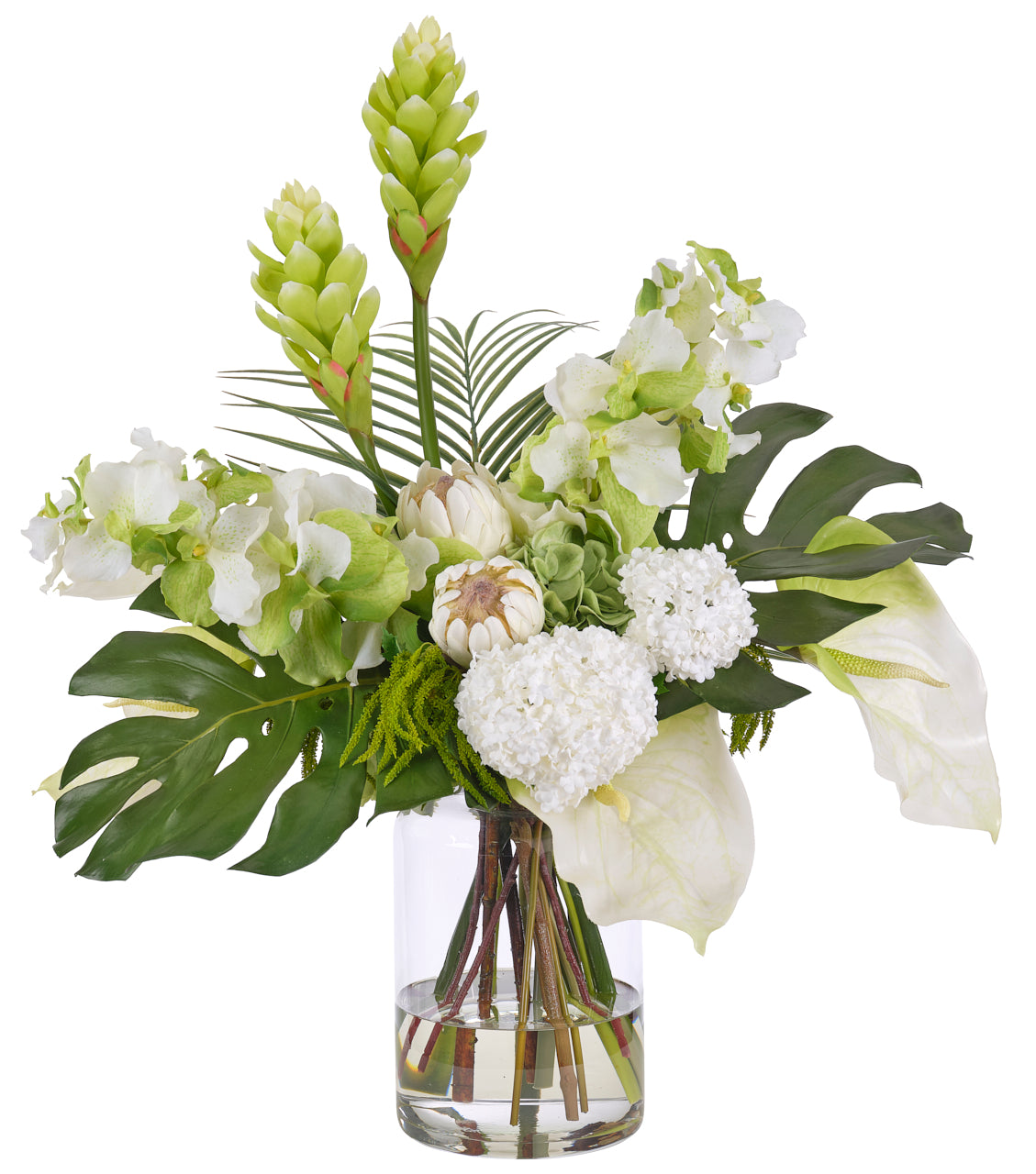 PROTEA SNOWBALL, WHITE GREEN, GLASS VASE