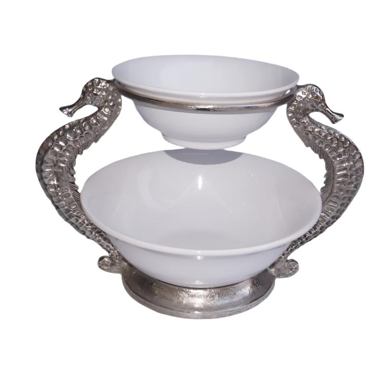 2 Tiered Ceramic Bowl With Sea Horse Metal Stand