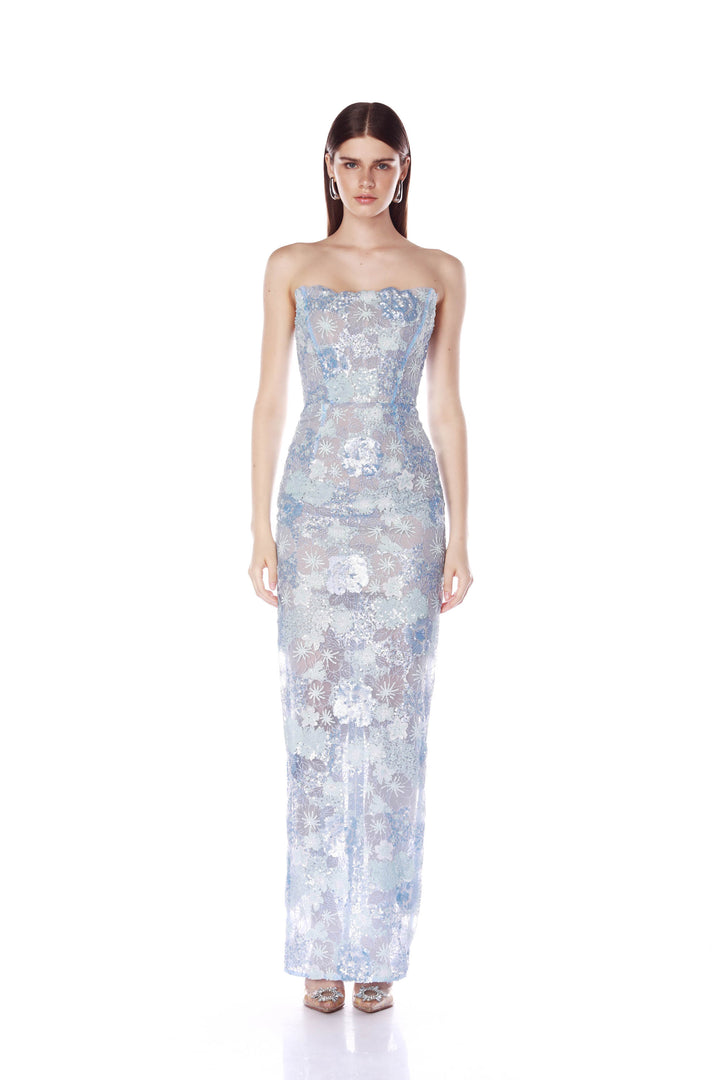 FARAH OCEAN BLUE SEQUIN MULTI STRAPLESS MAXI DRESS