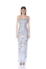 FARAH OCEAN BLUE SEQUIN MULTI STRAPLESS MAXI DRESS