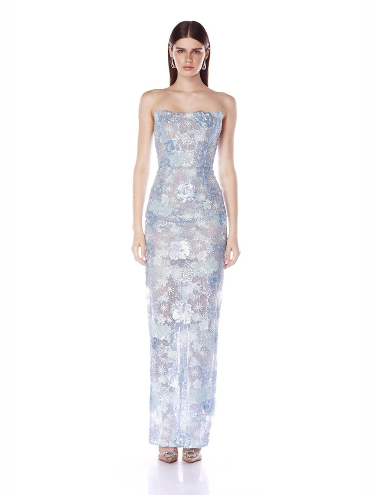 Farah ocean blue sequin multi strapless maxi dress