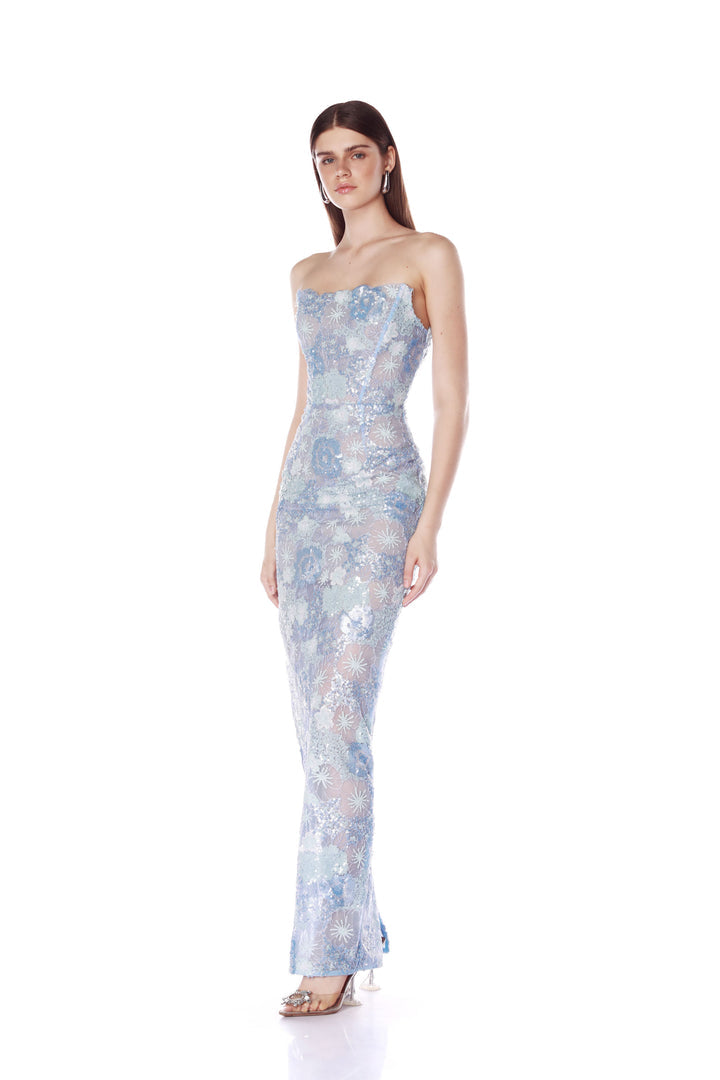 FARAH OCEAN BLUE SEQUIN MULTI STRAPLESS MAXI DRESS