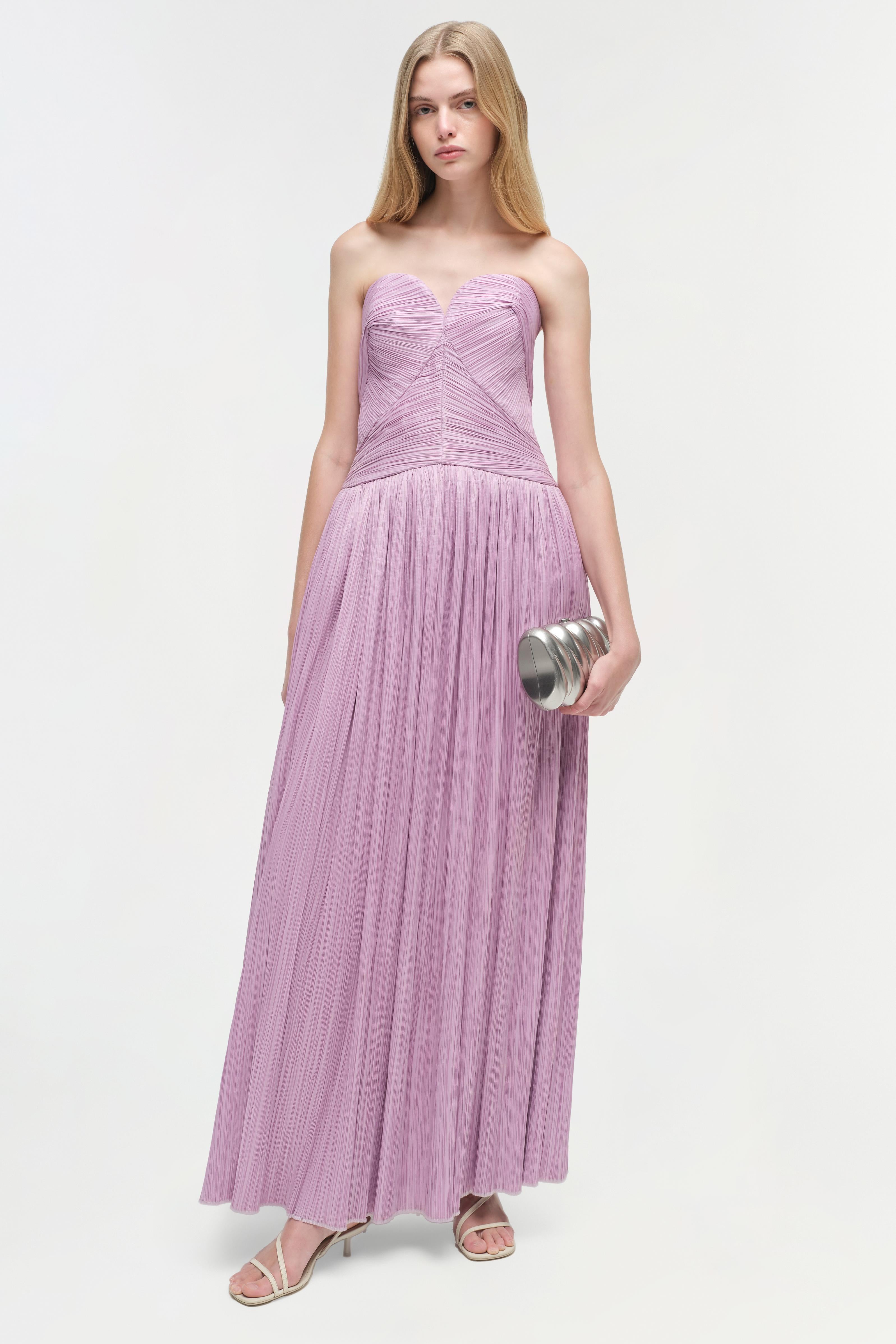 AUBRIELLA PLISSE STRAPLESS GOWN
