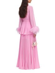Pink georgette feather cuff maxi dress