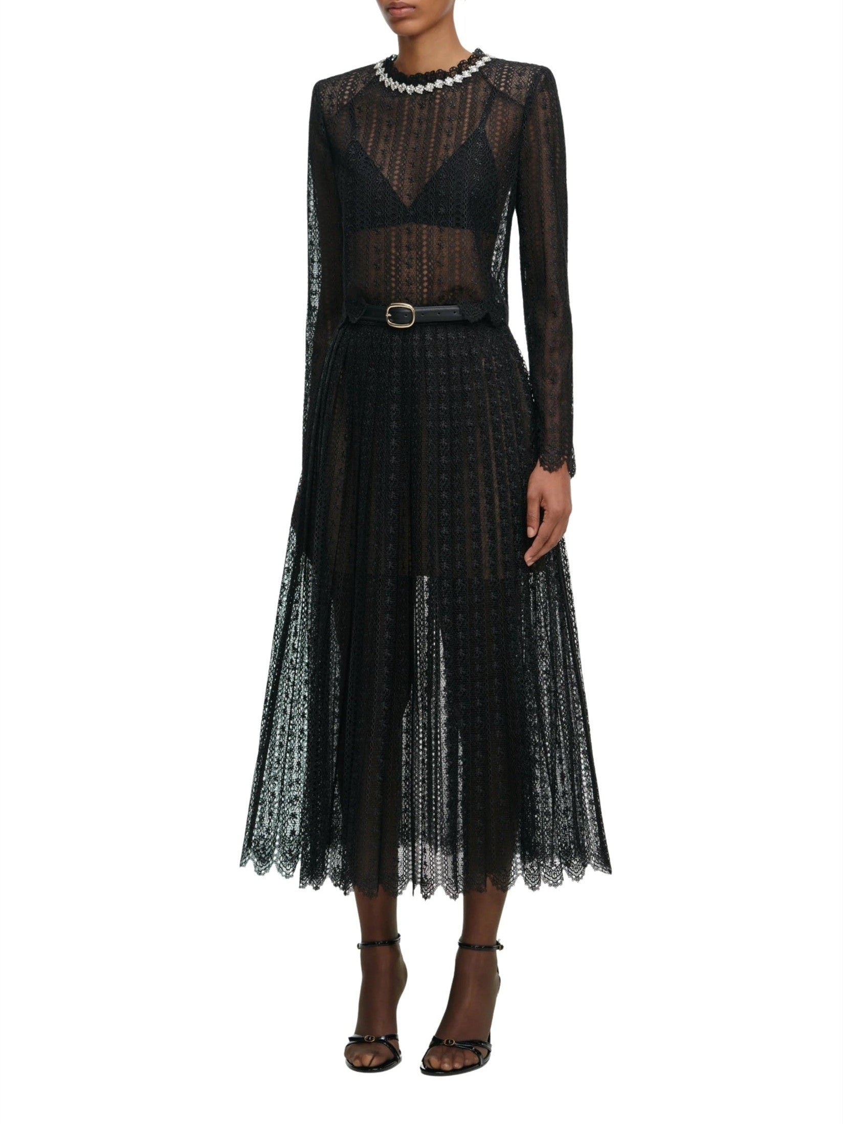 Black organza lace midi skirt