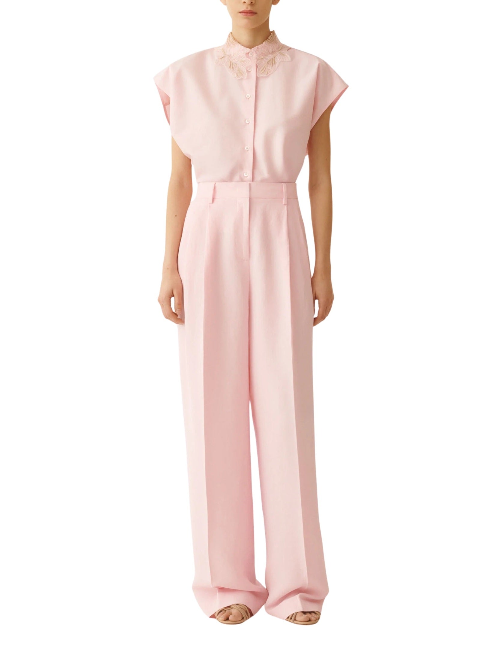 Viscose linen double pleat wide trousers