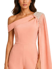 Tassle embroidery on one shoulder jump suit with attached cape sleeve on one side