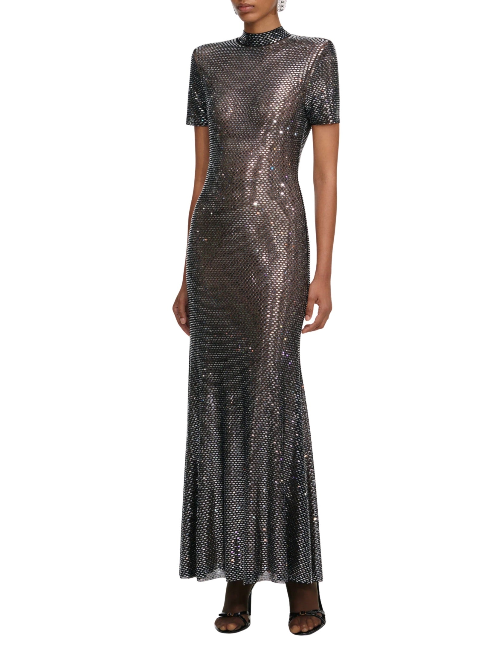 Gunmetal rhinestone mesh midi dress