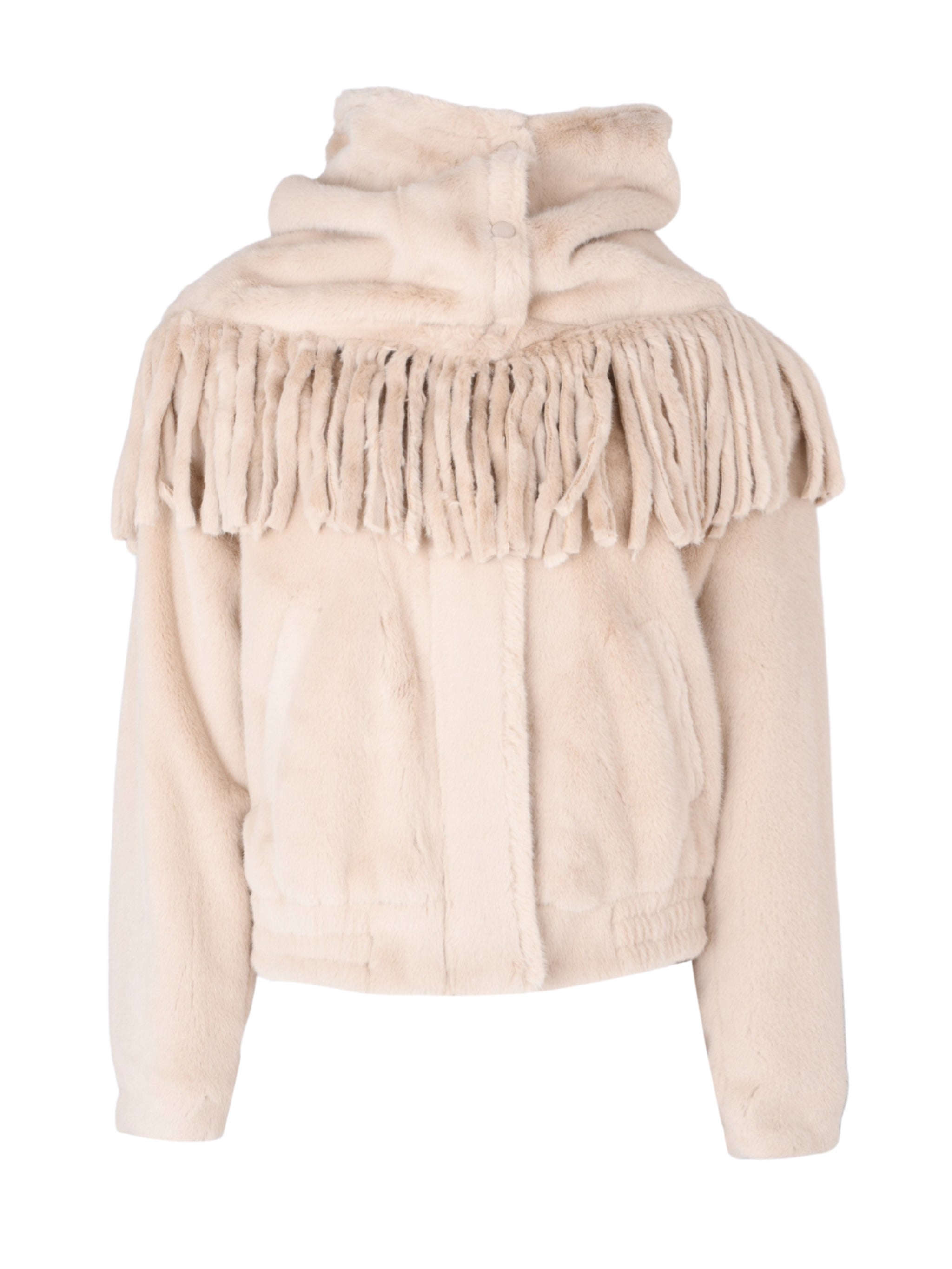 TASSEL SCARF DETAILED BEIGE BOMBER FAUX FUR JACKET