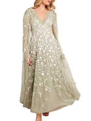 Ethereal blooms cape sleeve ankle gown