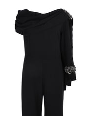 Hand embroiderd nlack cape on one side chest and sleeve   one long sleeves  cape and jumpsuit
