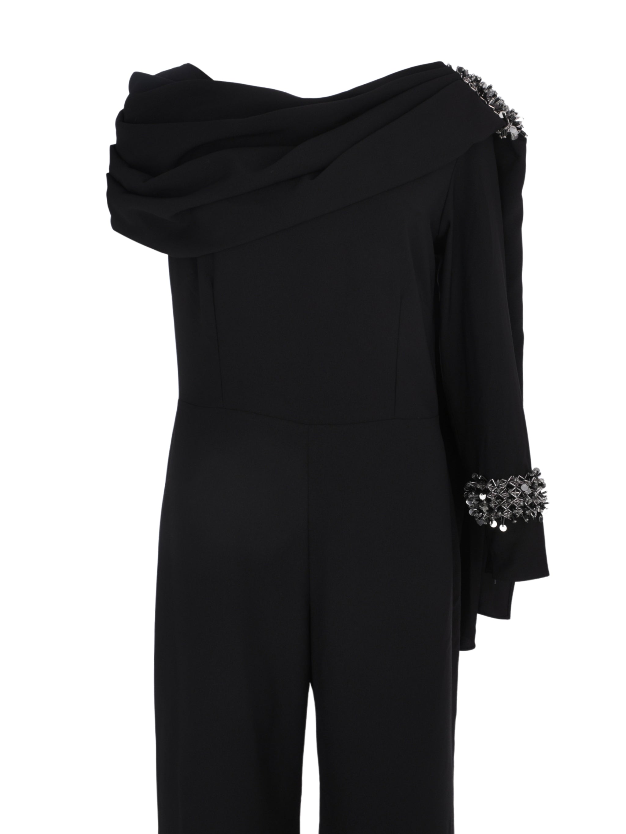 Hand embroiderd nlack cape on one side chest and sleeve   one long sleeves  cape and jumpsuit
