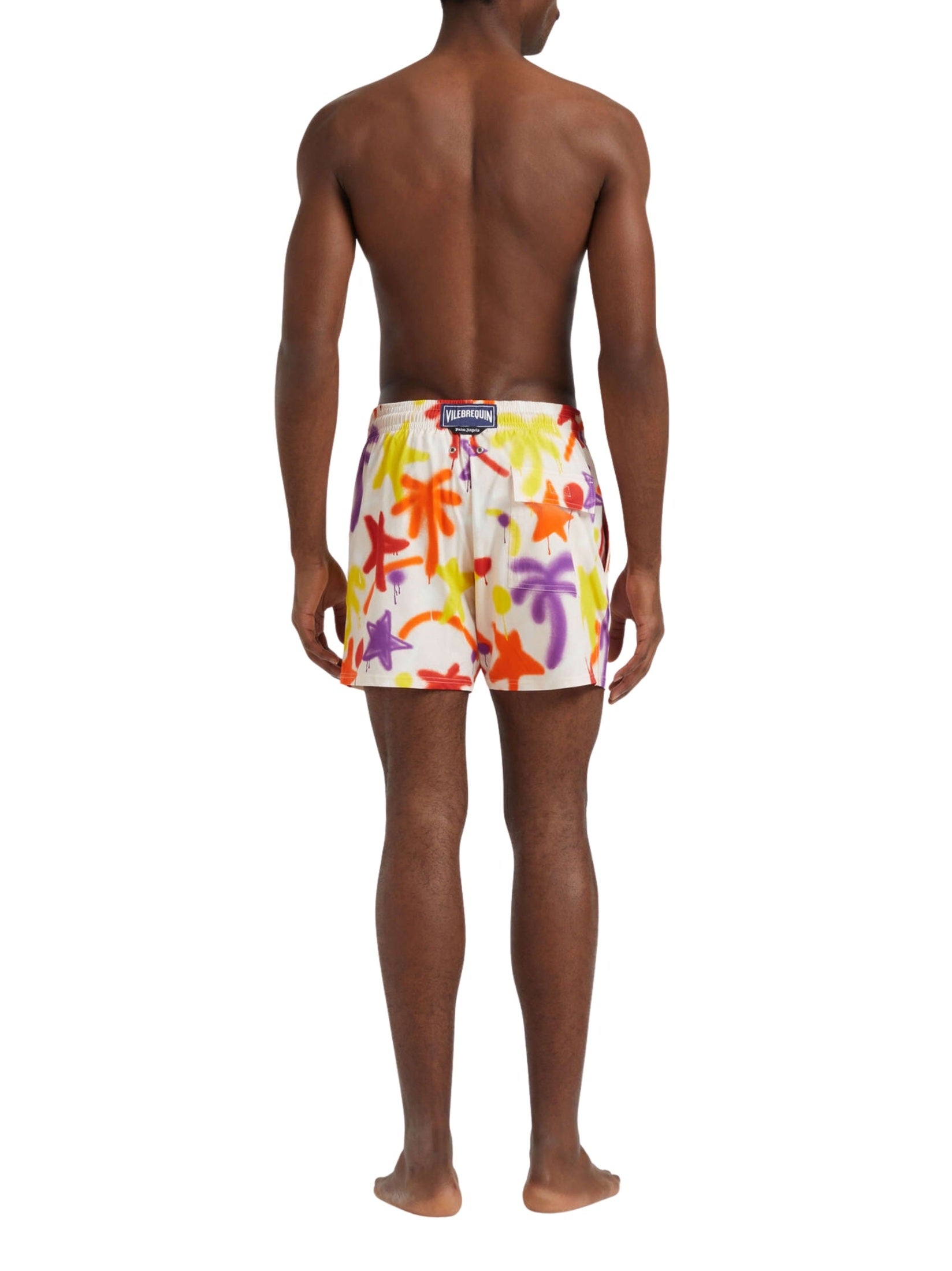 Men stretch short swim shorts spray paint - vbq x palm angels