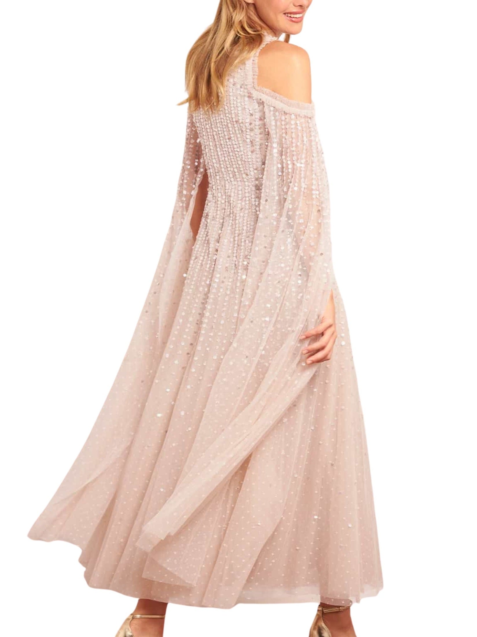 Moonlight sequin cape sleeve ankle gown