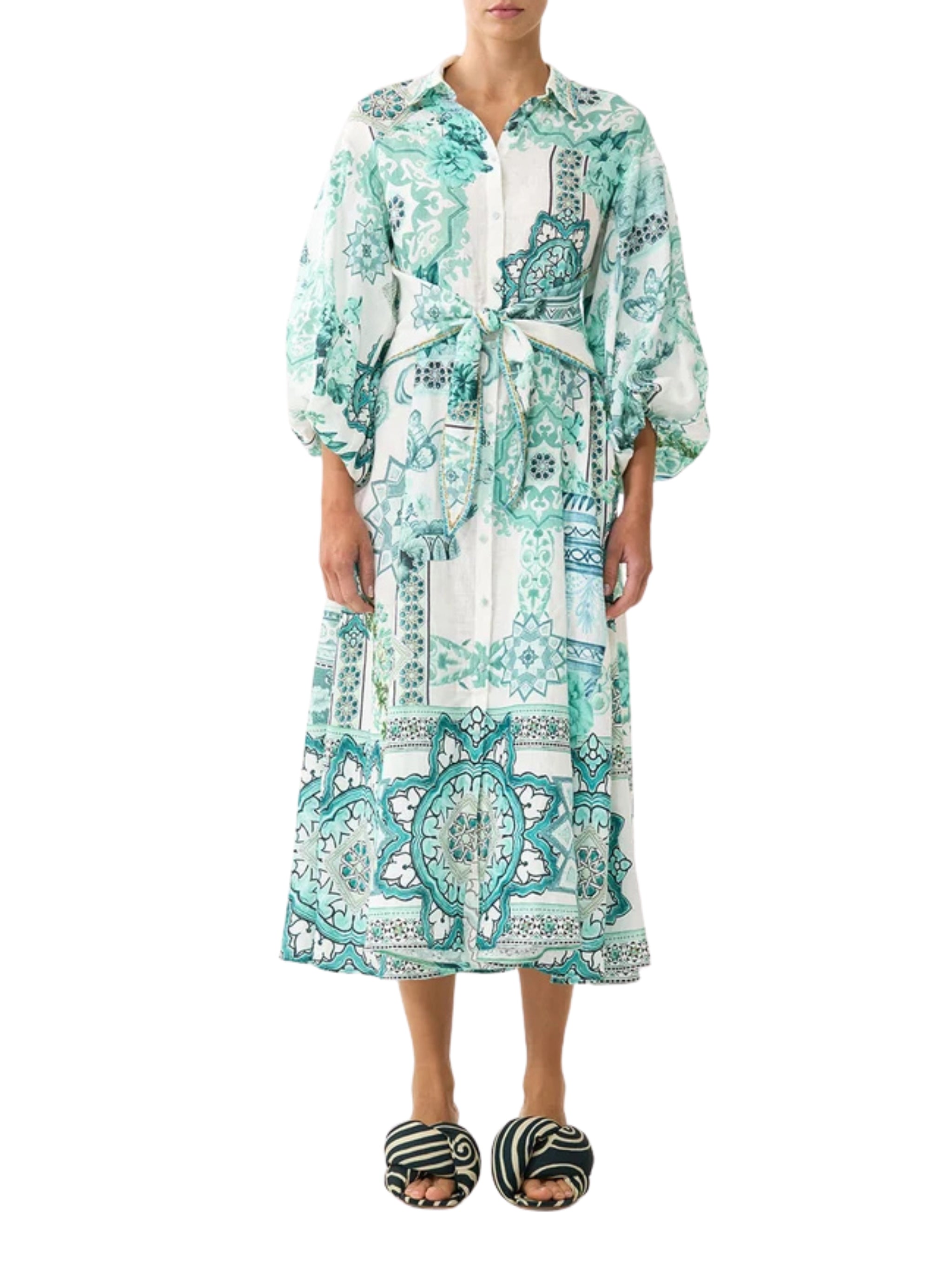 Waist tie shirt dress with bubble sleeve