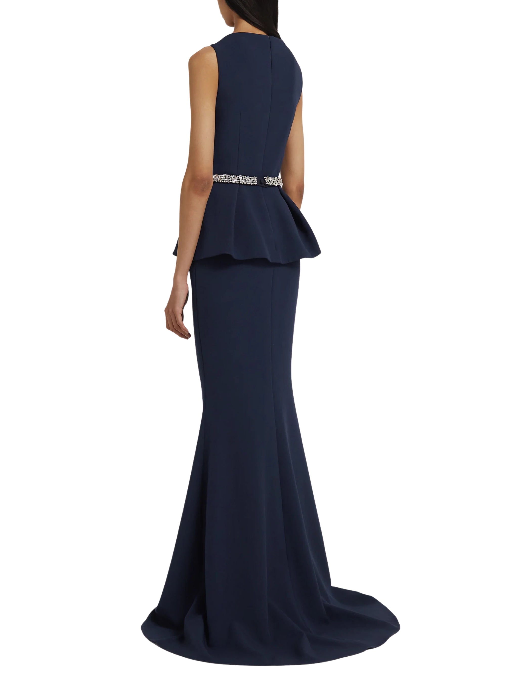 Sleeveless high boatneck gown with flared peplum