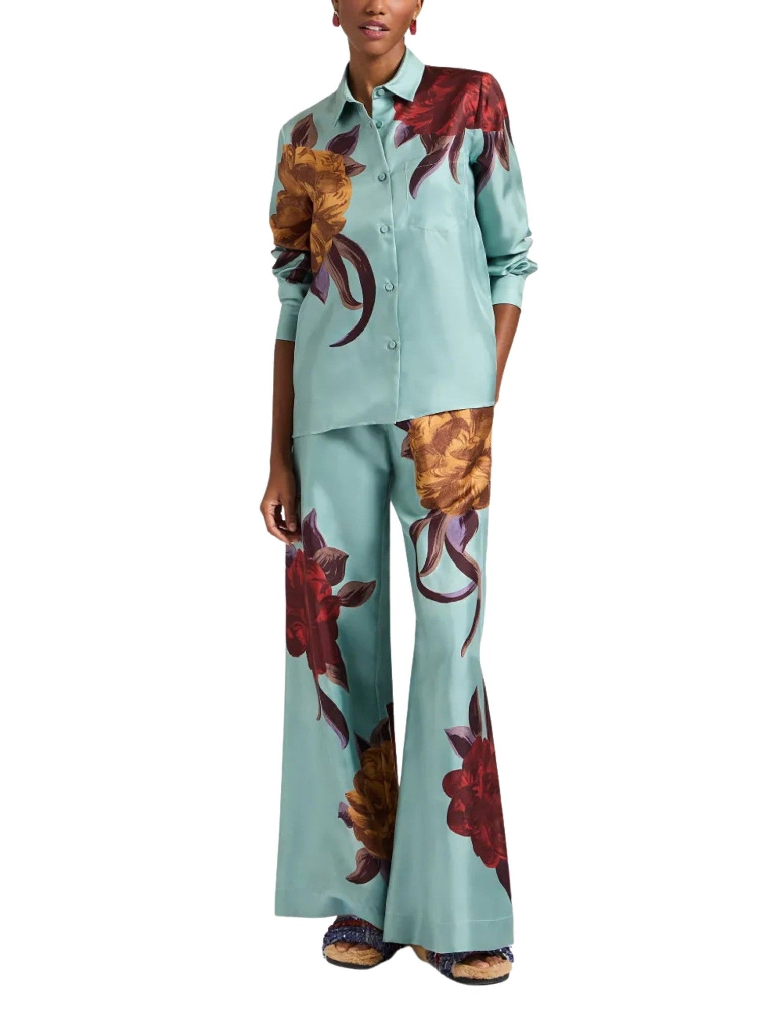 Palazzo pants peony placée light blue in silk twill