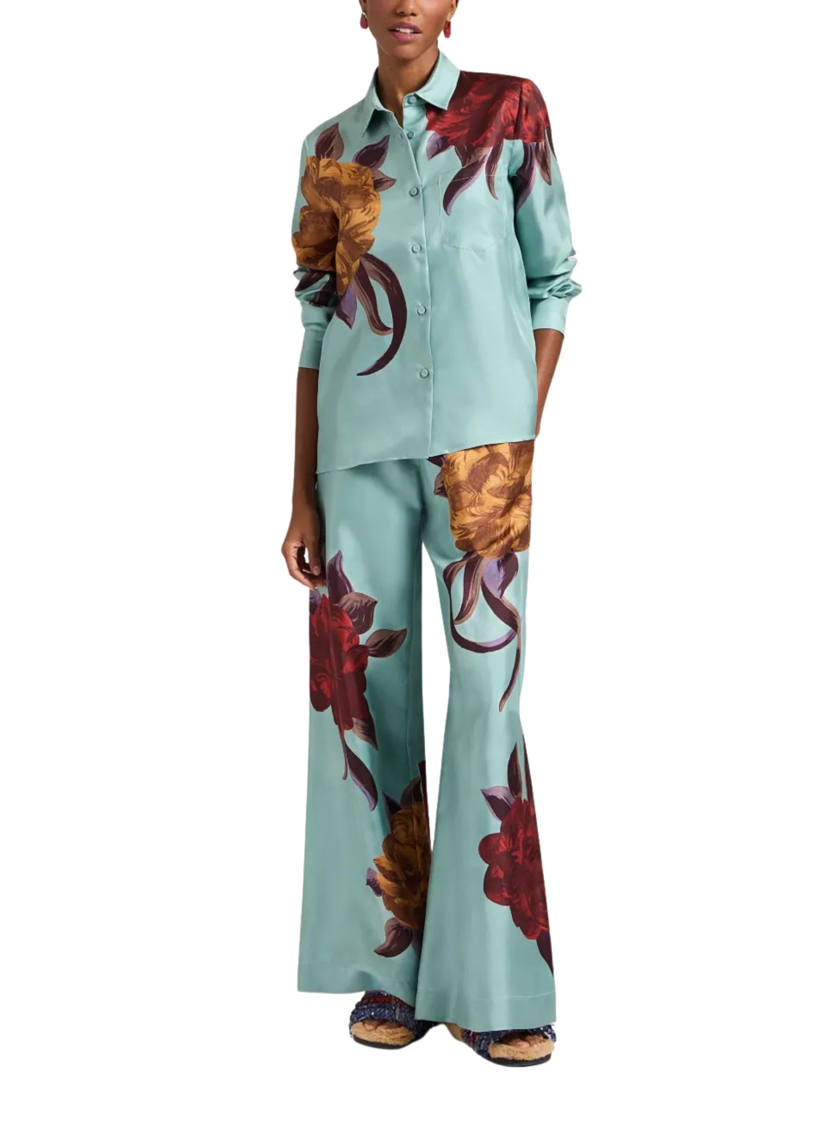 Palazzo pants peony placée light blue in silk twill