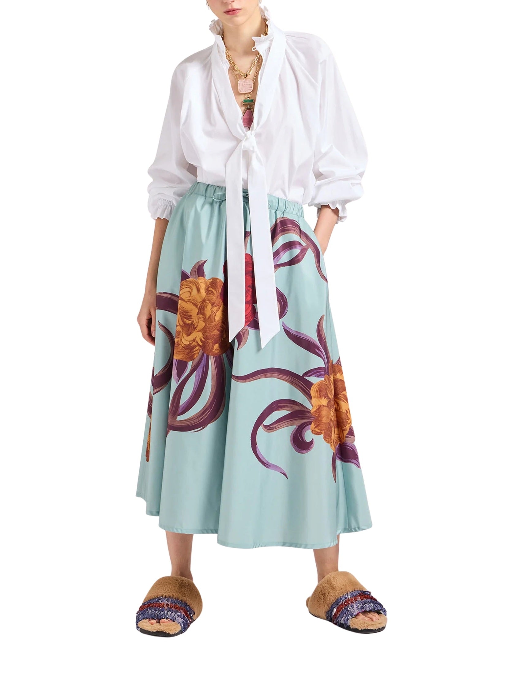 Drawstring skirt peony placée light blue in light faille