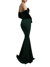 Raven Crepe and Velvet Dress in Dark-Green