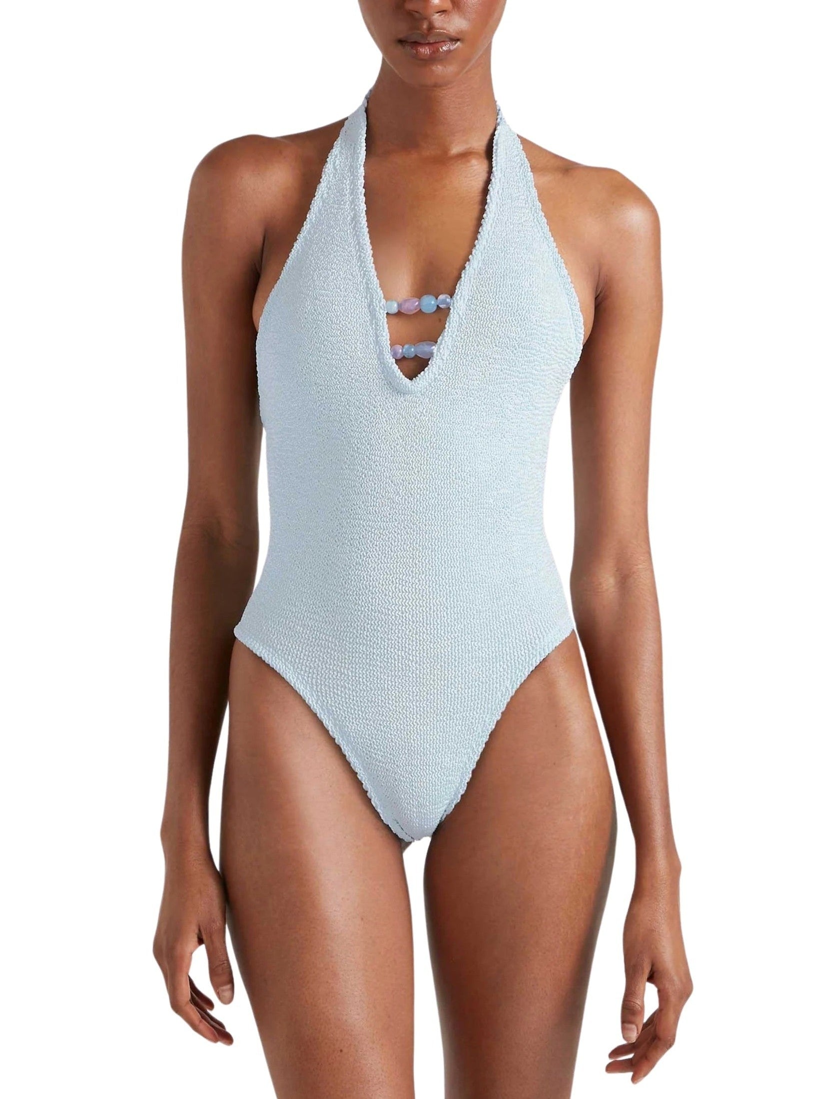 Adriana beaded swim - a metallic crinkle metallic ice blue