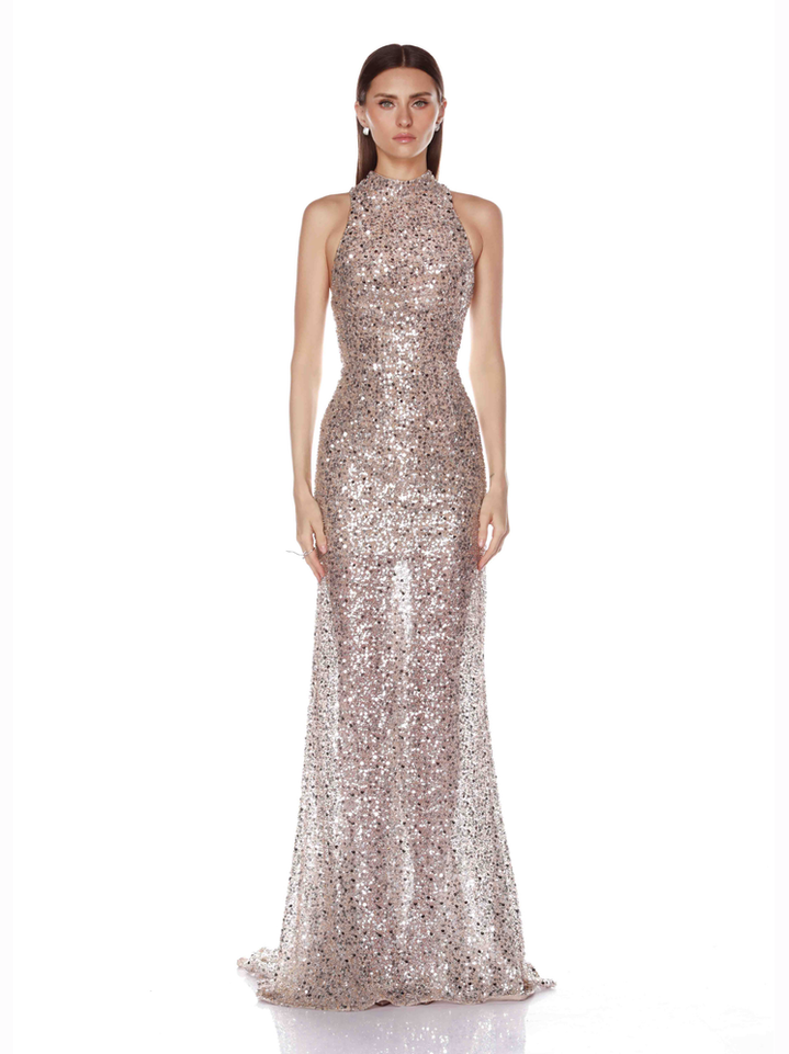 Tessa silver halterneck gown