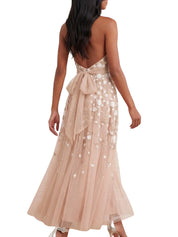 Trailing roses halter-neck ankle gown