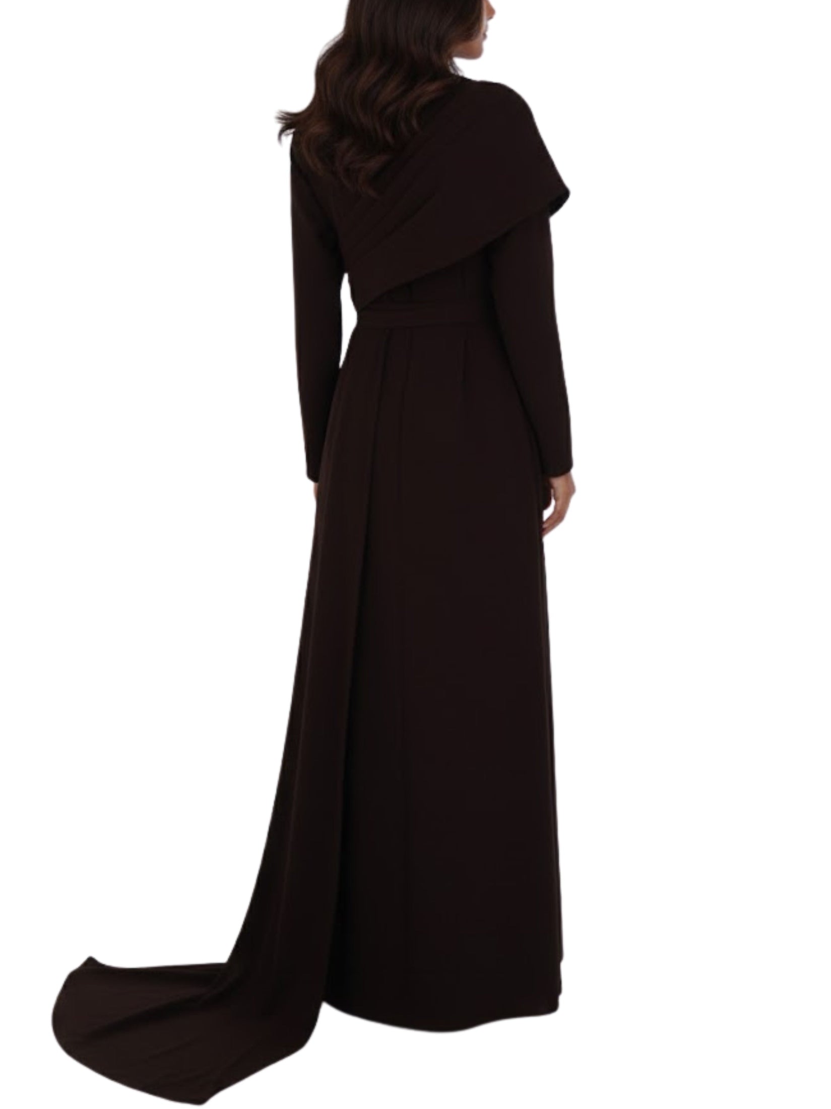 Long sleeves dress straight cut with pleated rap around shoulder