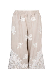 Perle full elastic waistband linen wide leg long pant with cord lame jacquard embroidery applique