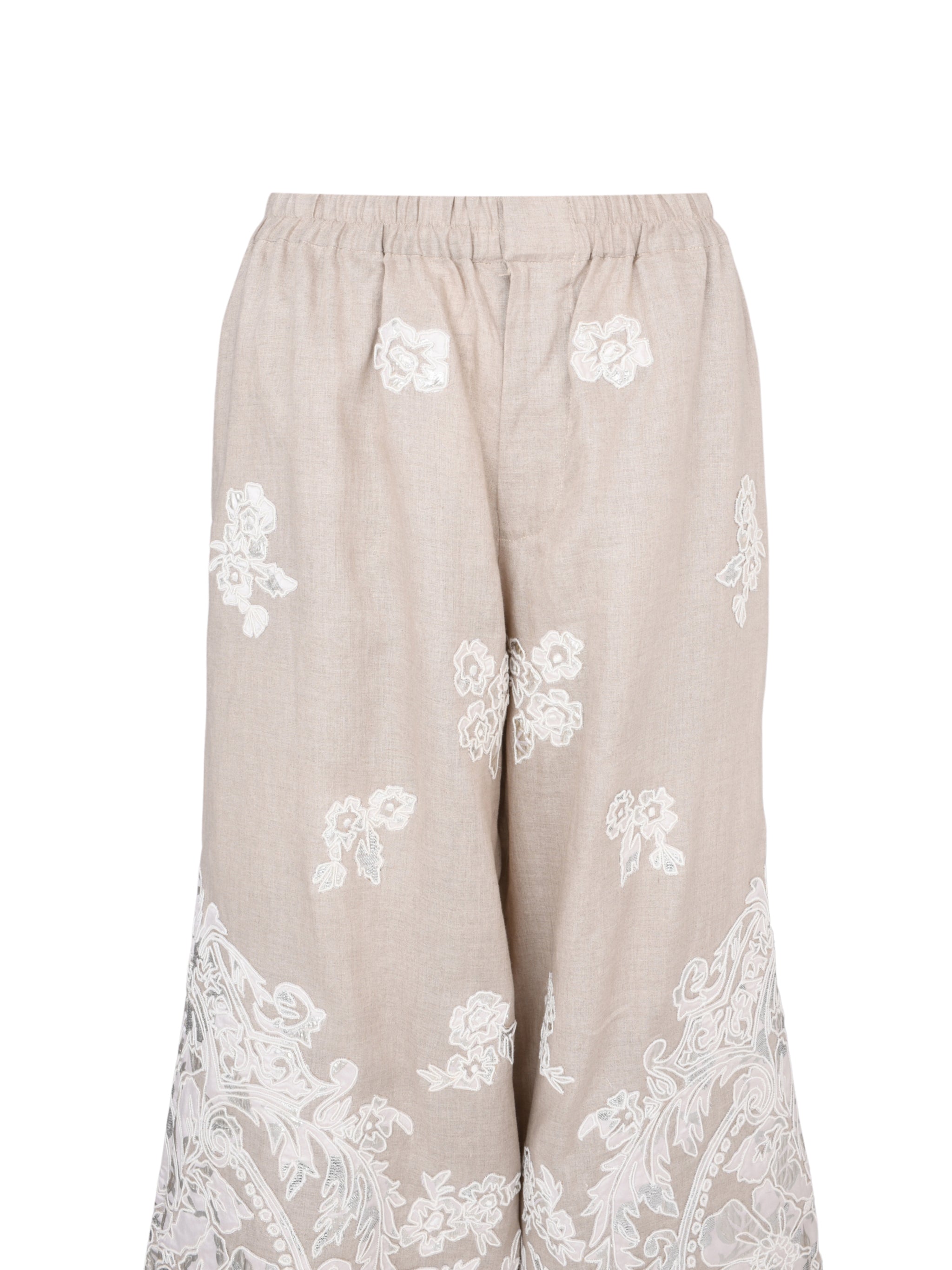 Perle full elastic waistband linen wide leg long pant with cord lame jacquard embroidery applique
