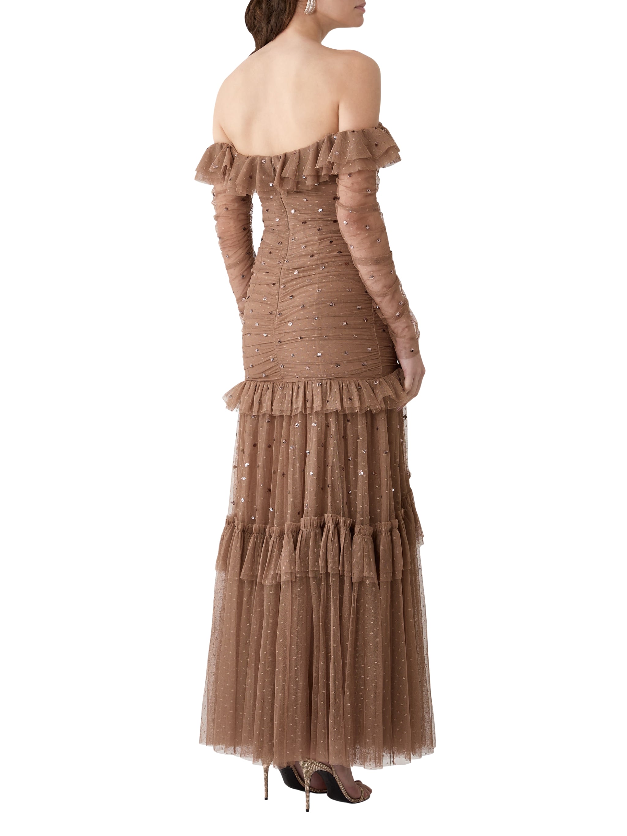 Sequin glimmer rouched off-shoulder gown