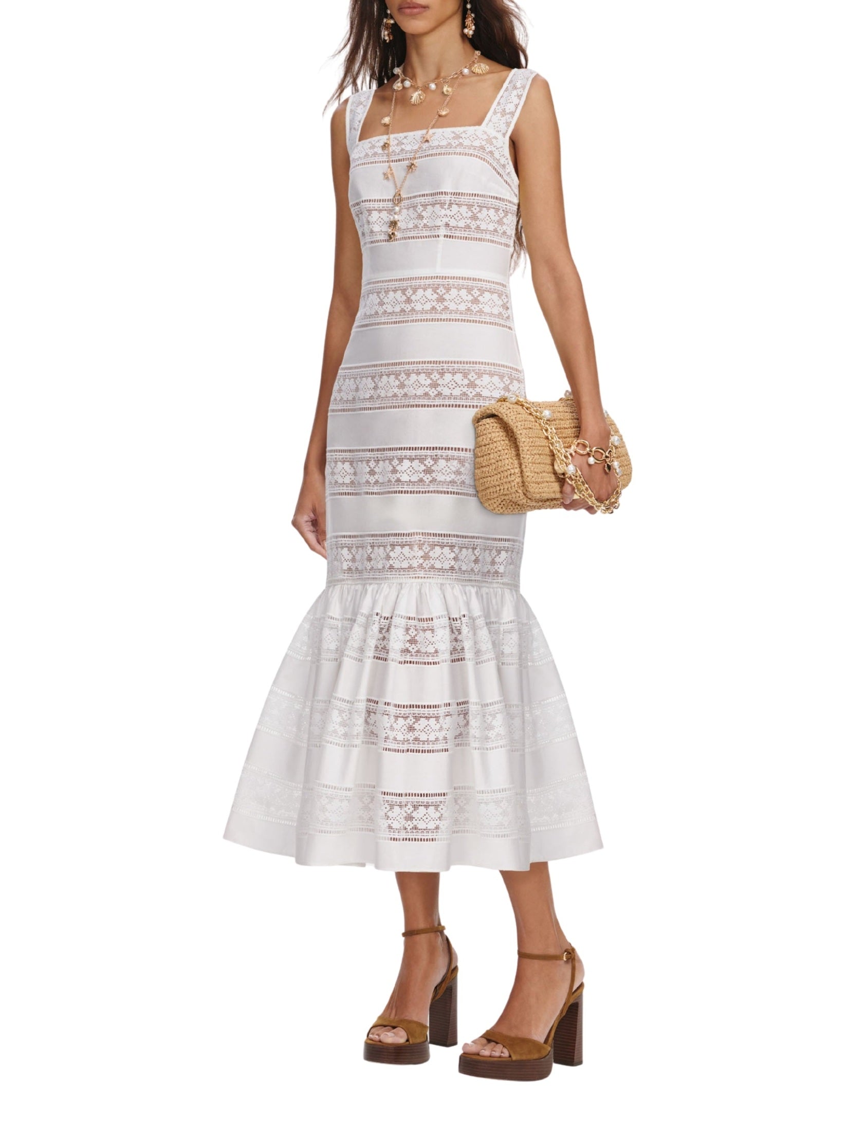 White cotton embroidered midi dress