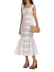 White cotton embroidered midi dress
