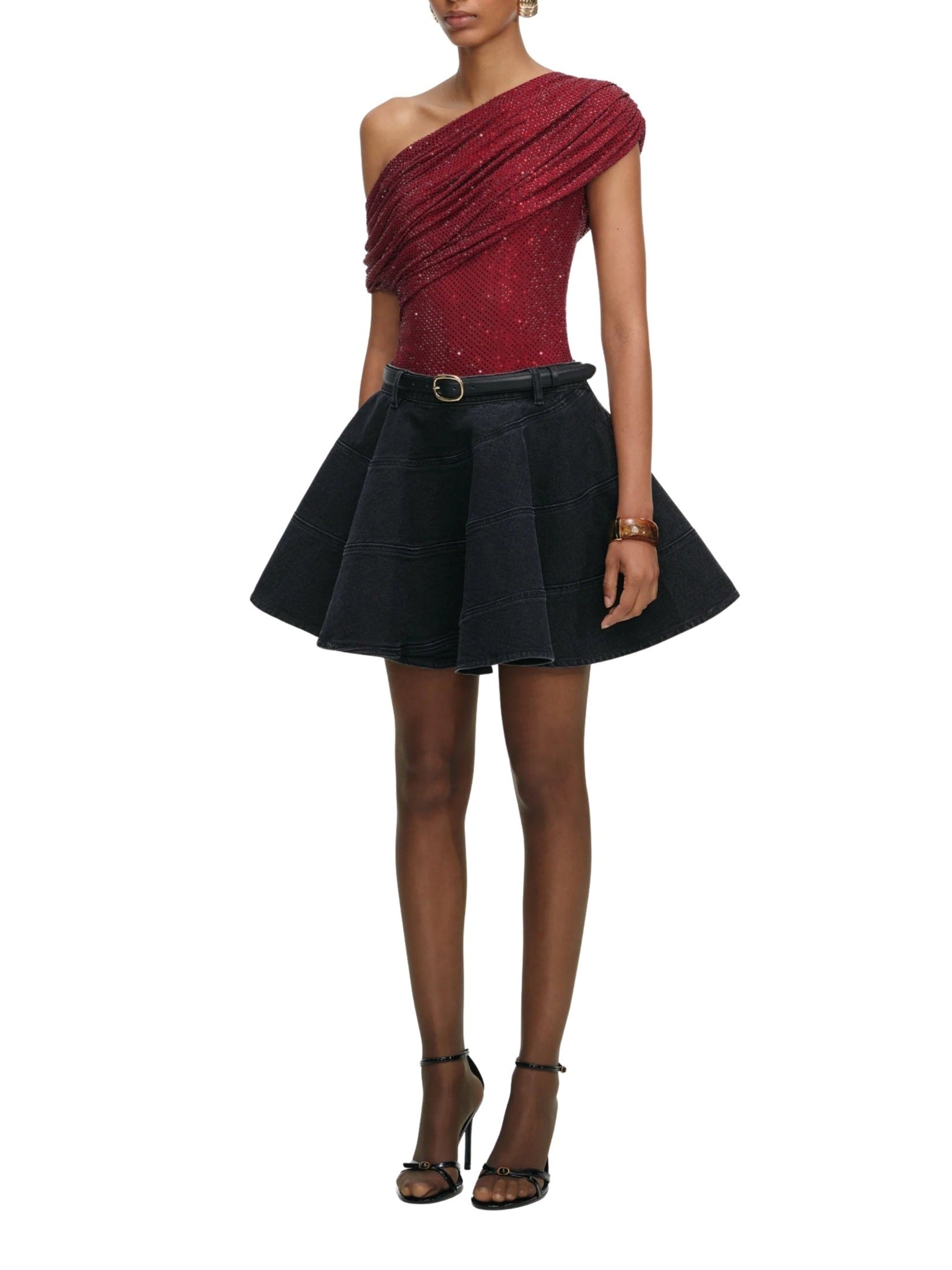 Burgundy rhinestone drape top