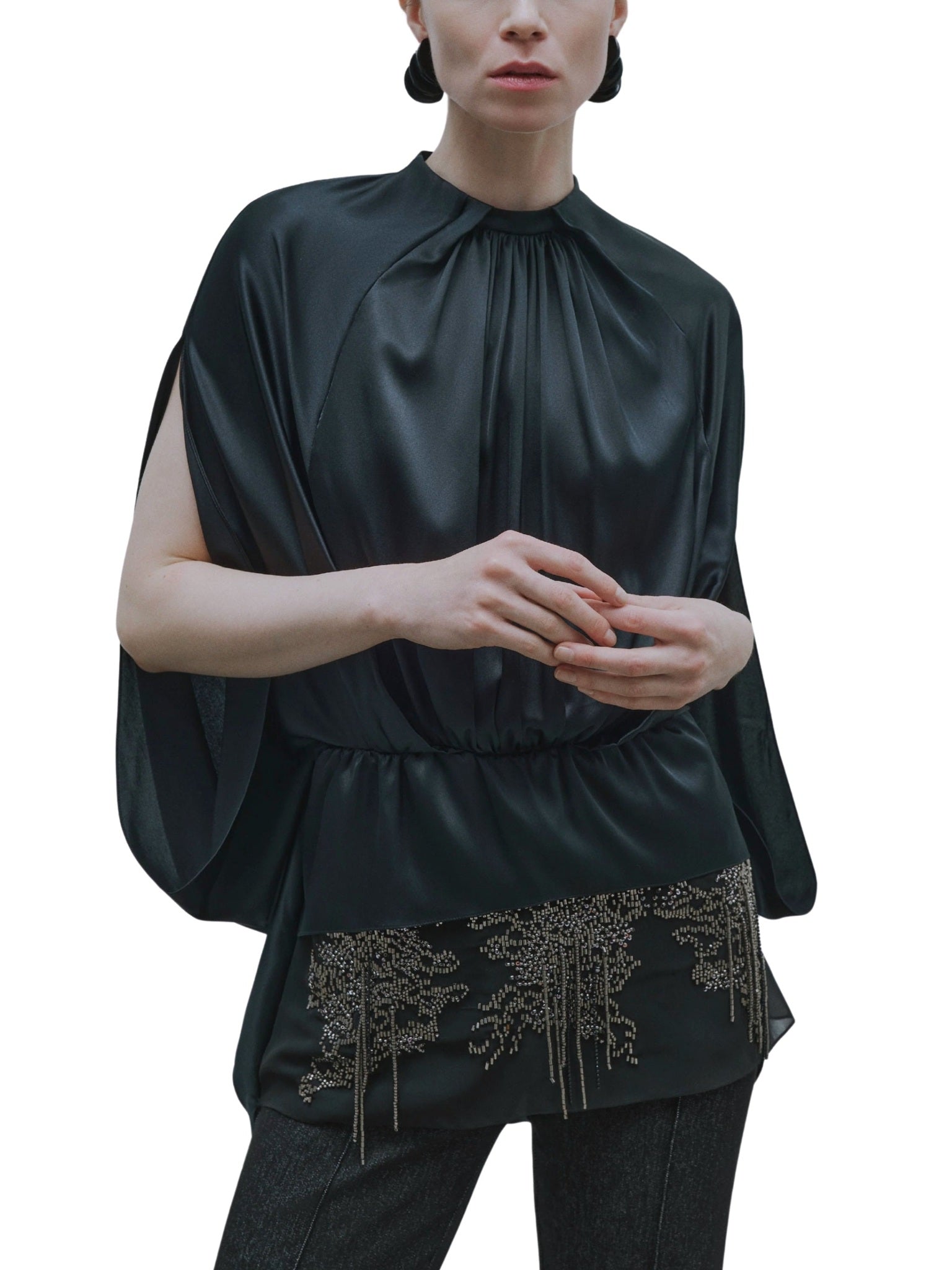 Black Draped Blouse with Cape Sleeves