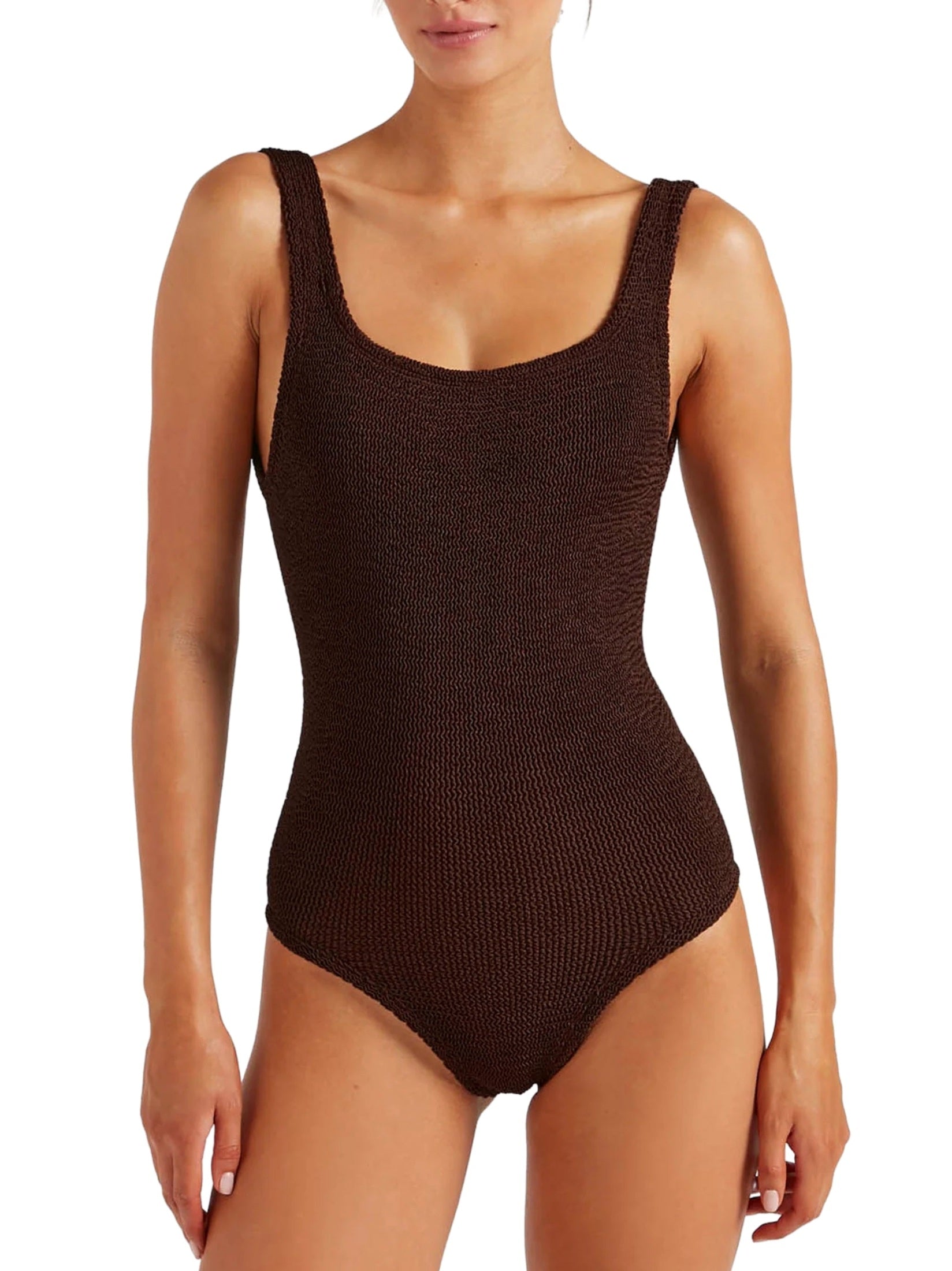 Coverage square neck swim - m metallic crinkle metallic chocolate
