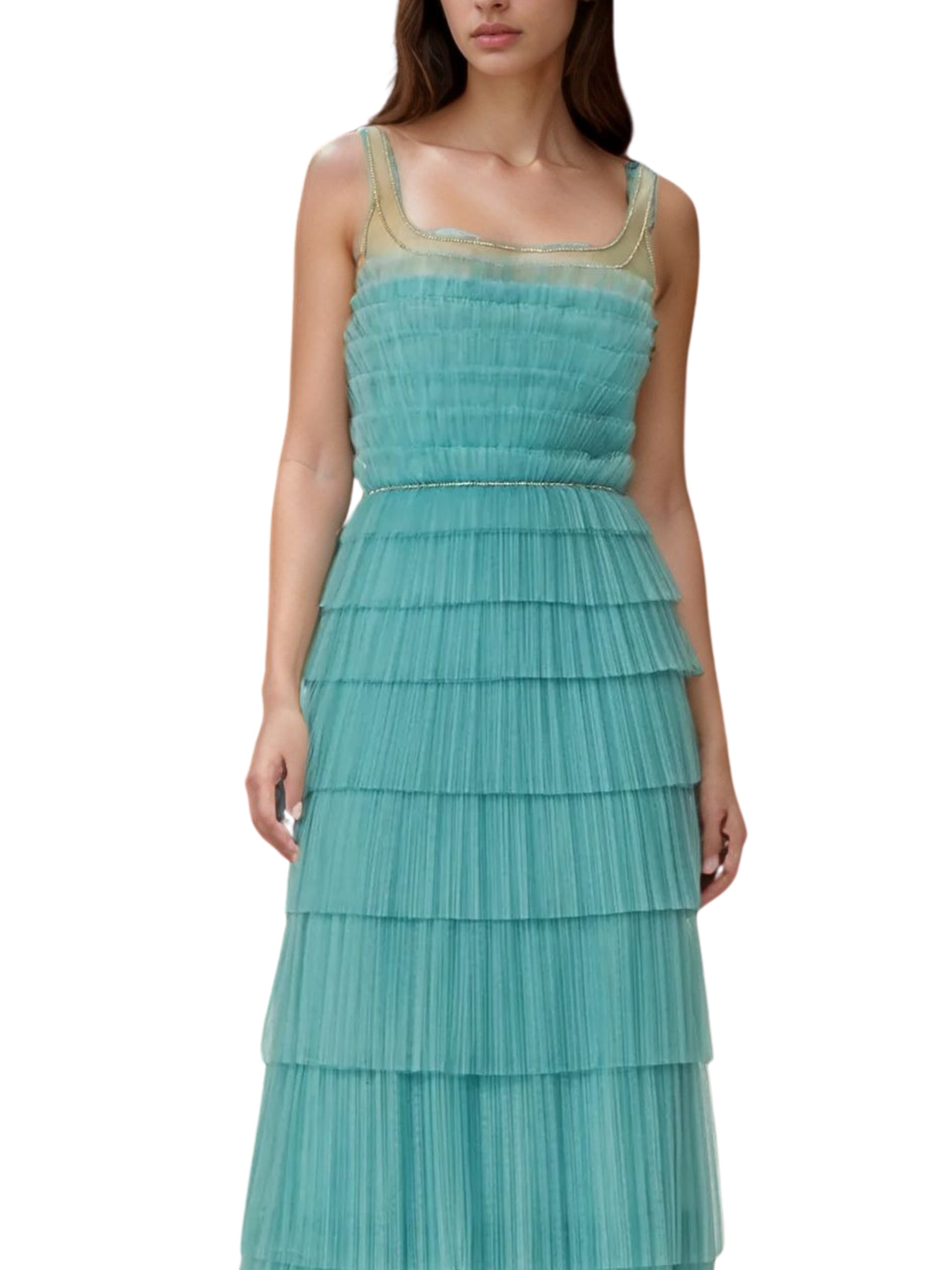ARIN PLISSE FRENCH TULLE & CHANTILLY LACE TIERED DRESS WITH ILLUSION-NECKLINE