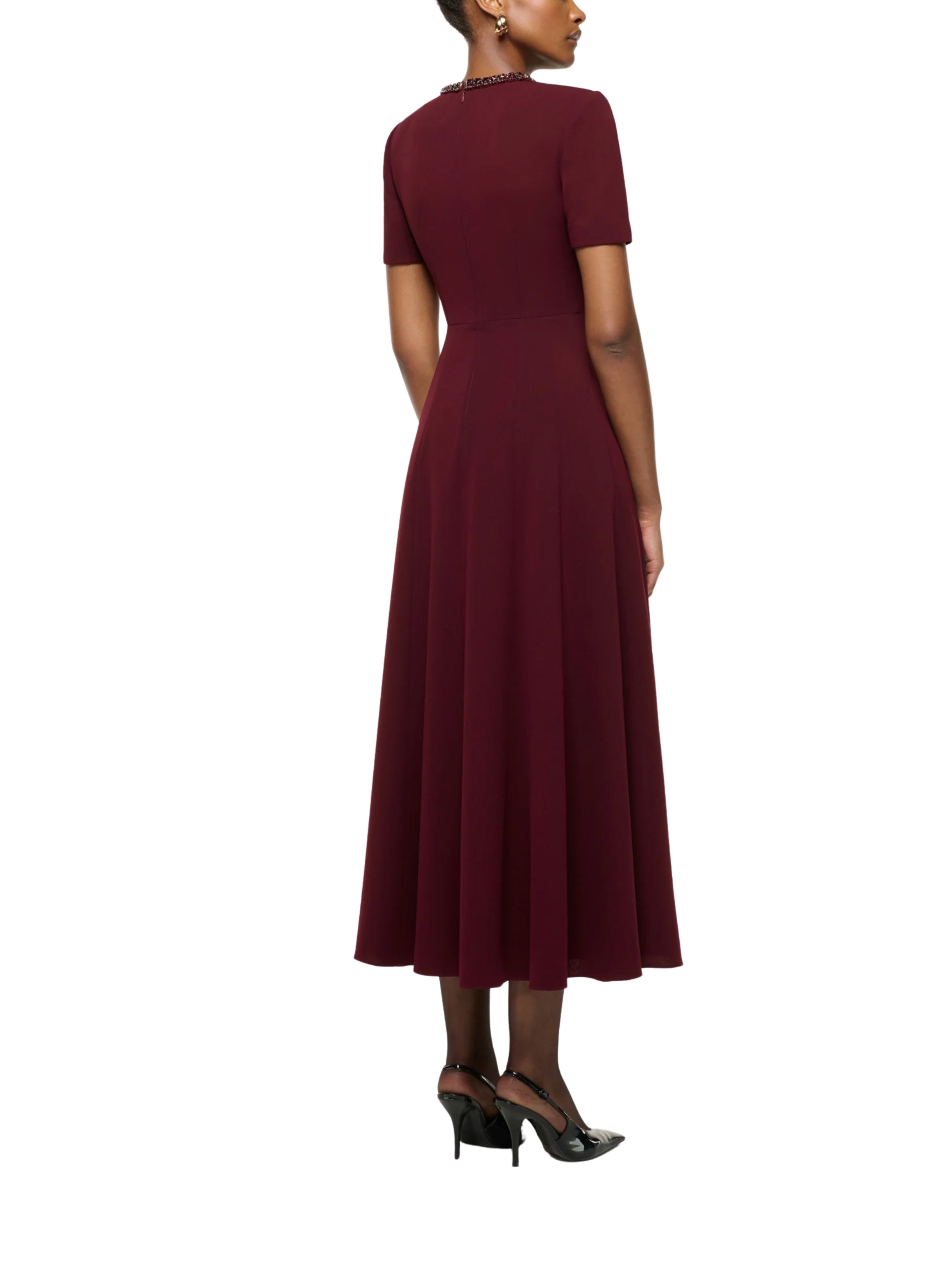 TWISTED DRAPE CRYSTAL TRIM NECKLINE DRESS