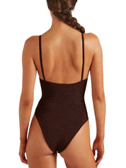 Mia beaded swim - m metallic crinkle metallic chocolate