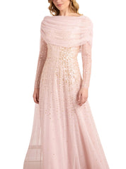 Moonlight sequin draped long sleeve gown