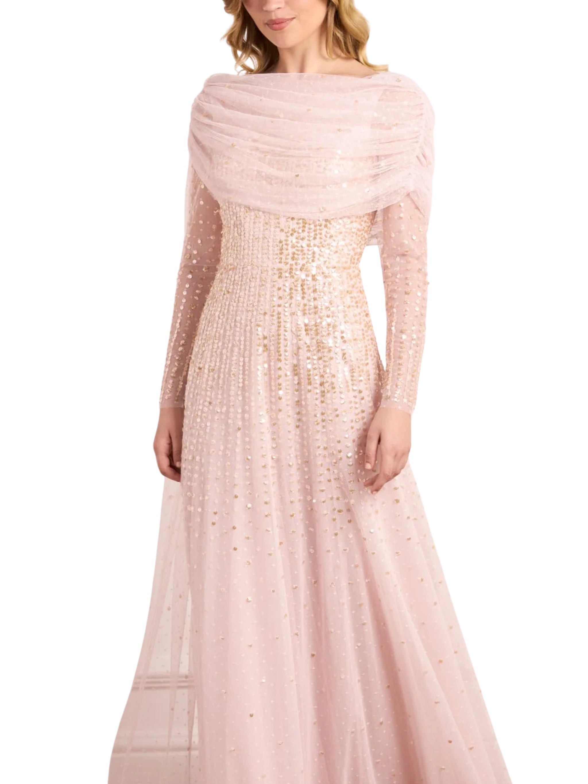 Moonlight sequin draped long sleeve gown