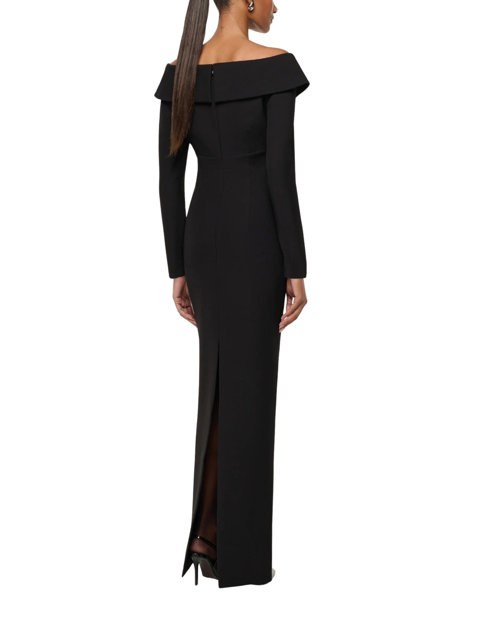 Lace insert crepe column gown